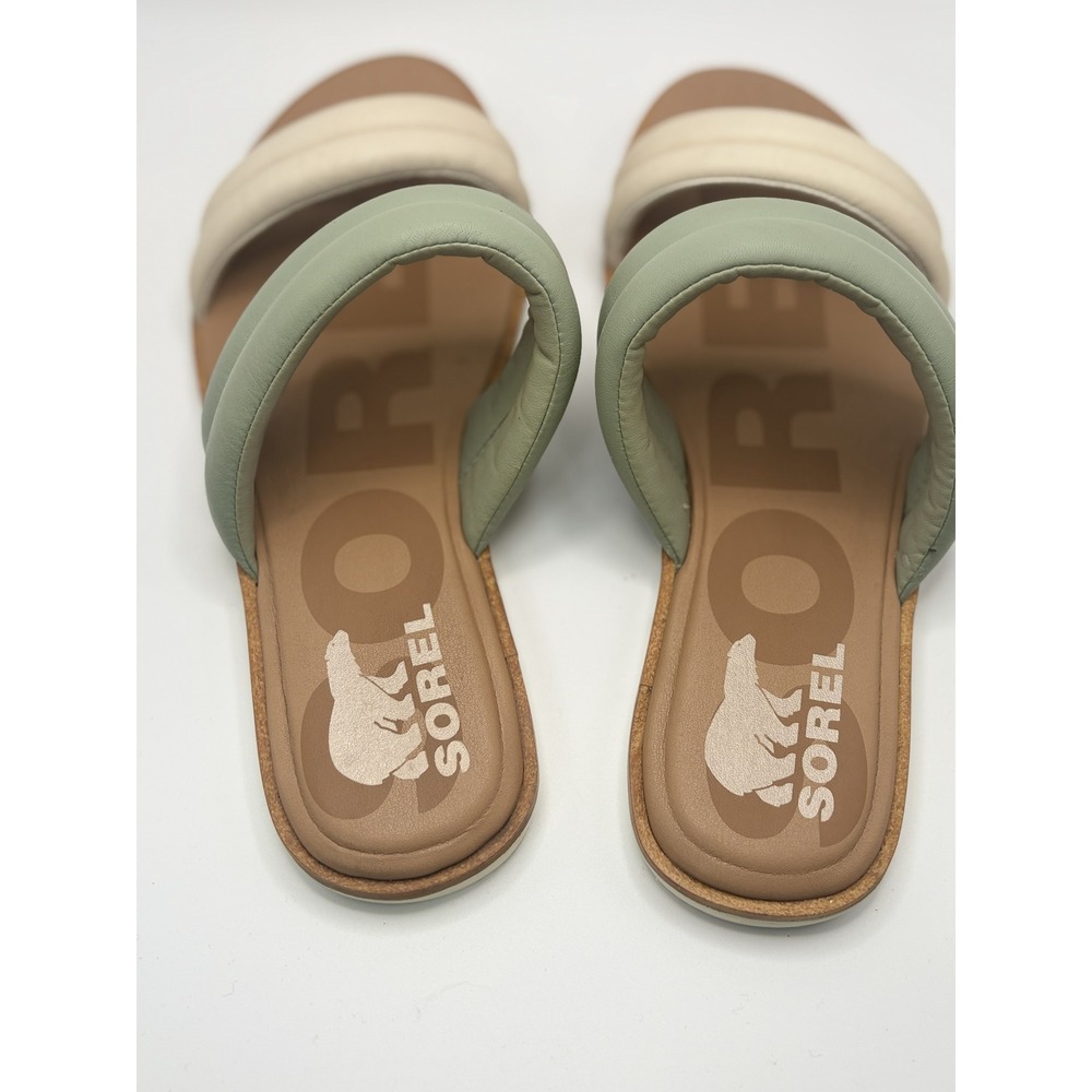 Sorel Roaming Puffy Slide Sandals Sage Green Cream Leather Flat Slip‎ On Women
